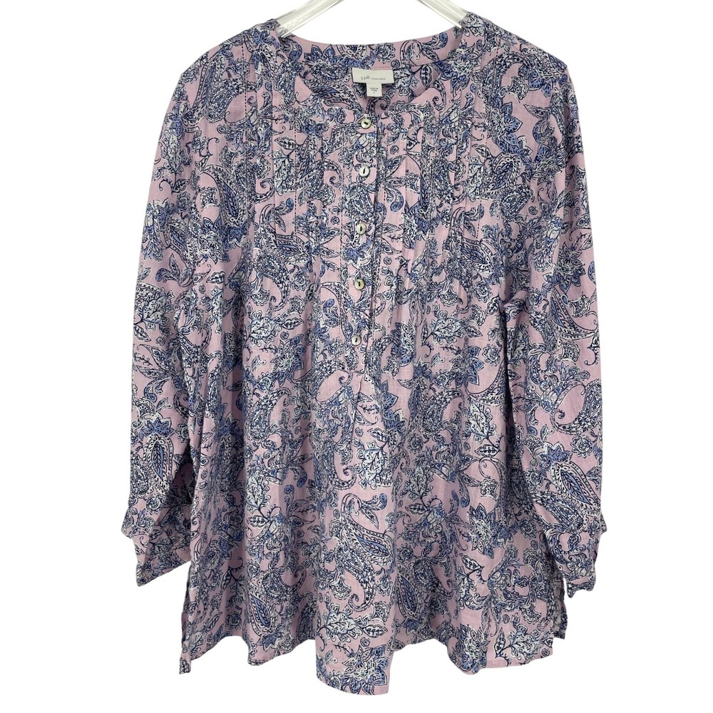 J. Jill Blouse‎ 100% Linen Pink Blue Paisley Floral Large